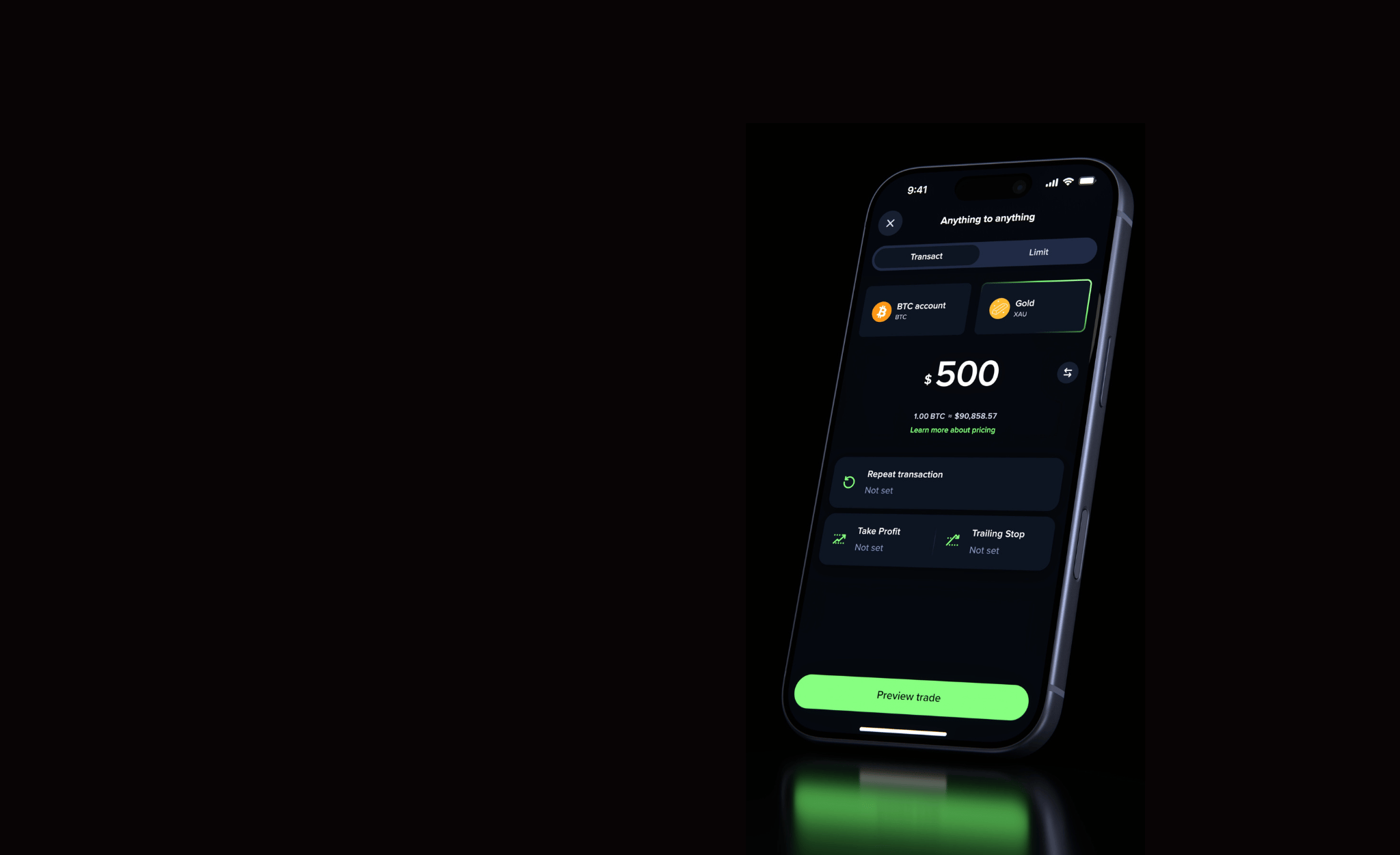 Uphold app showing a one-step trade from Bitcoin to Gold